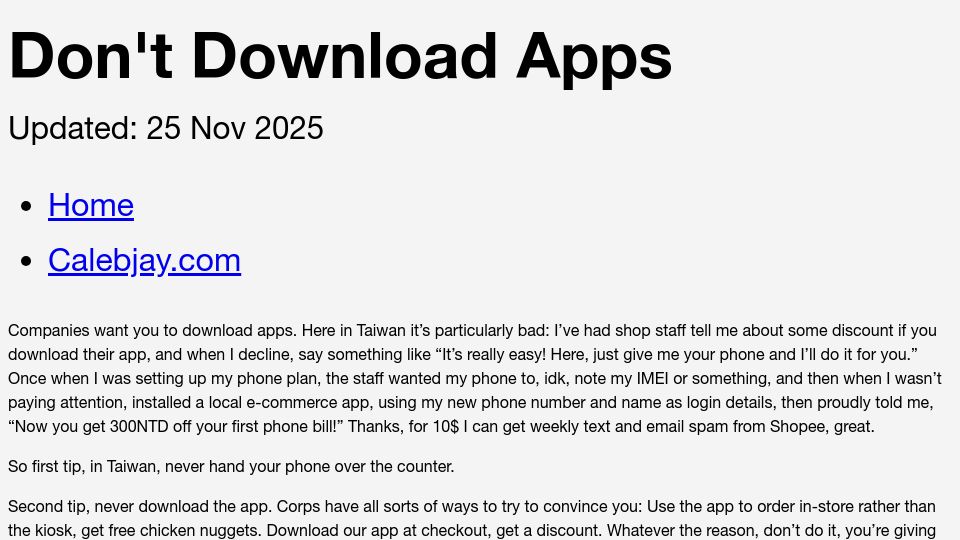 Screenshot of blog.calebjay.com: Don't Download Apps