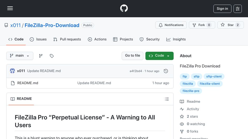 Screenshot of github.com: FileZilla Pro "Perpetual License" – A Warning to All Users