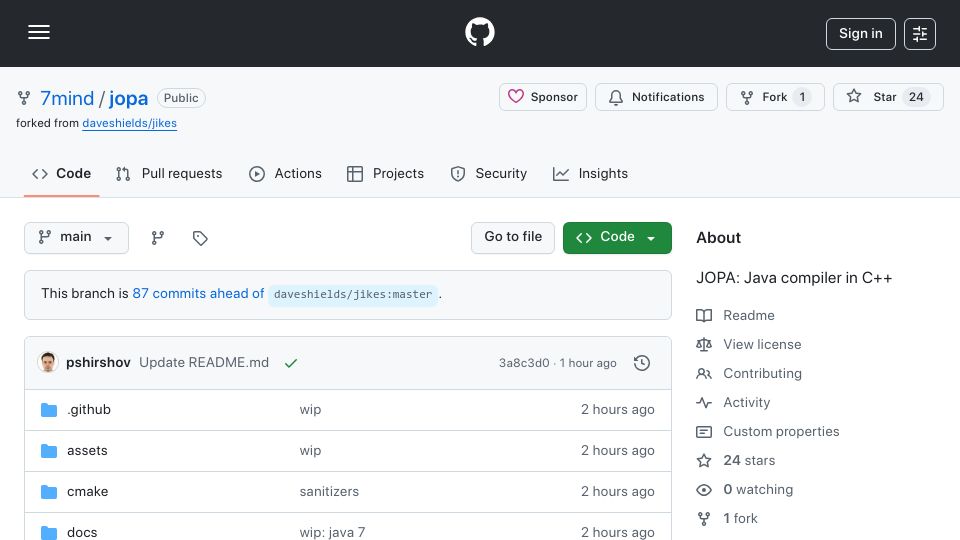 Screenshot of github.com: JOPA: Java compiler in C++, Jikes modernized to Java 6 with Claude