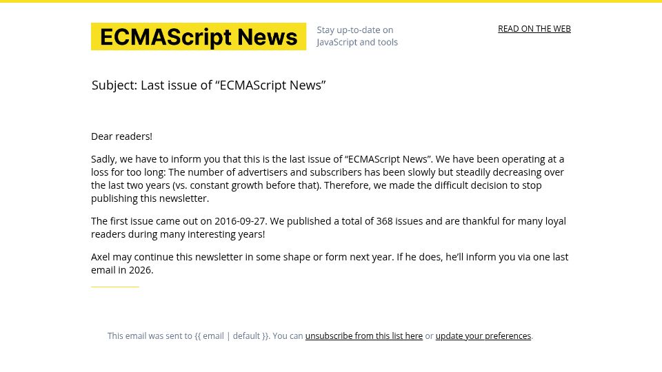 Screenshot of ecmascript.news: Last Issue of "ECMAScript News"