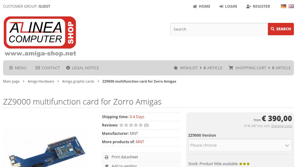 Screenshot of amiga-shop.net: ZZ9000 multifunction card for Zorro Amigas
