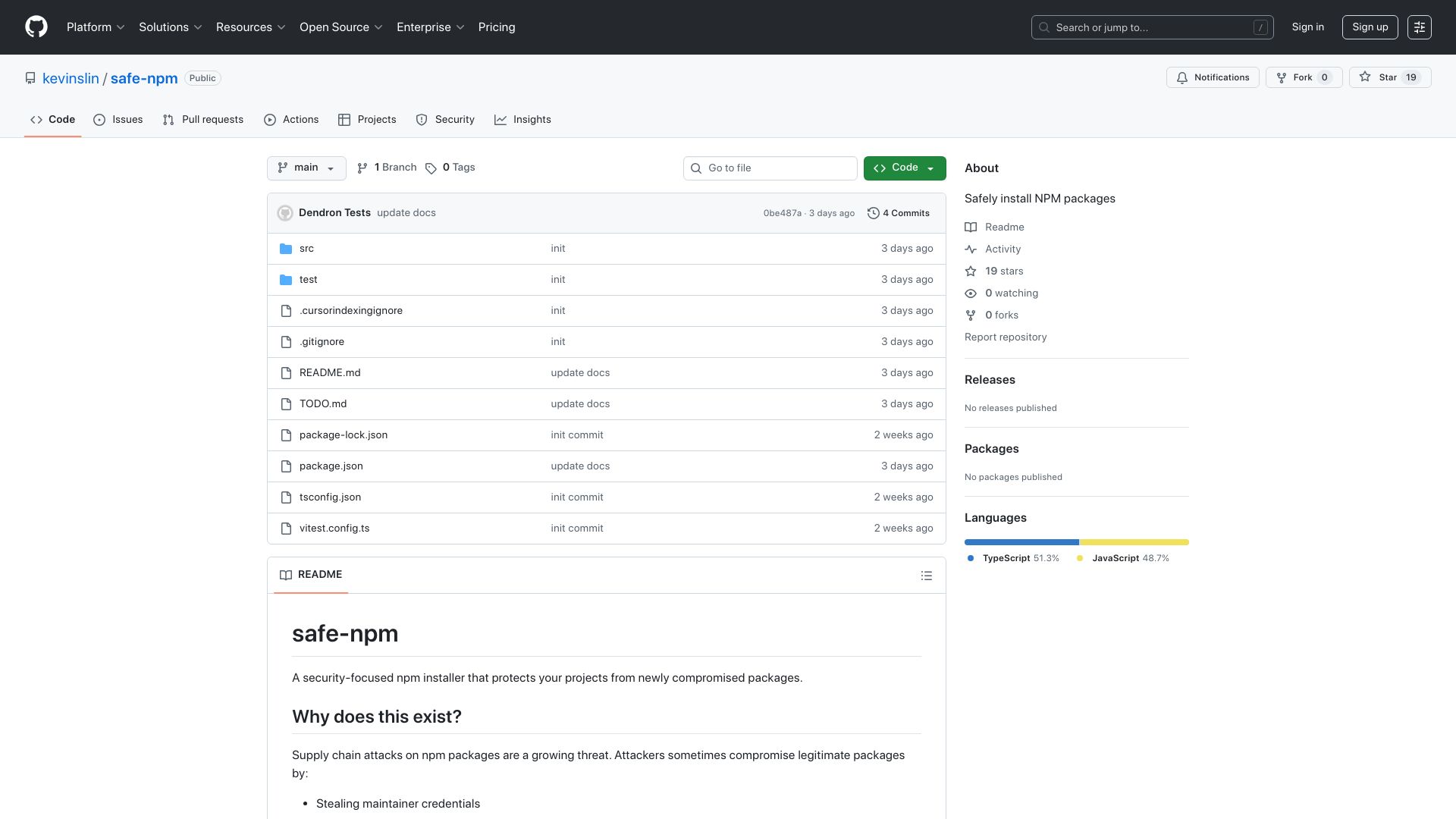 Screenshot of github.com: Show HN: Safe-NPM – only install packages that are +90 days old