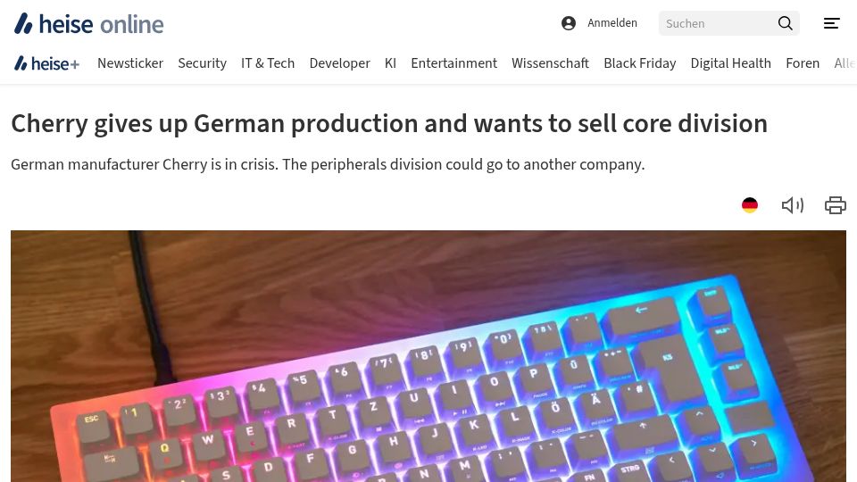 Screenshot of heise.de: Cherry gives up German production and wants to sell core division