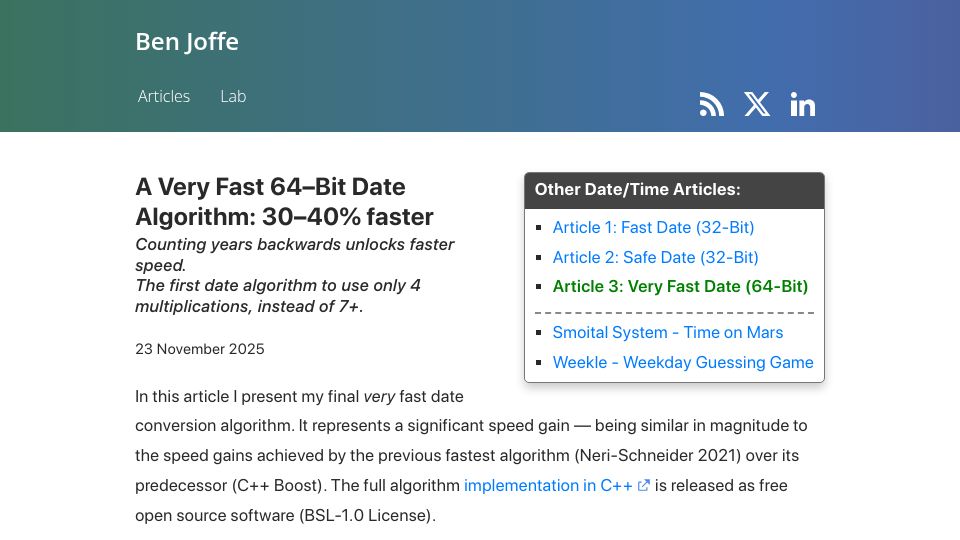 Screenshot of benjoffe.com: A Fast 64-Bit Date Algorithm (30–40% faster by counting dates backwards)