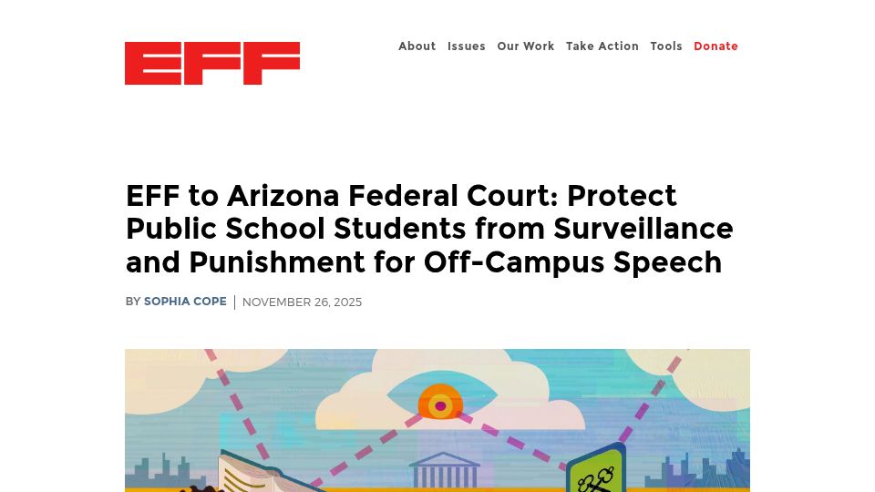 Screenshot of eff.org: Protect Public School Students from Surveillance of Off-Campus Speech