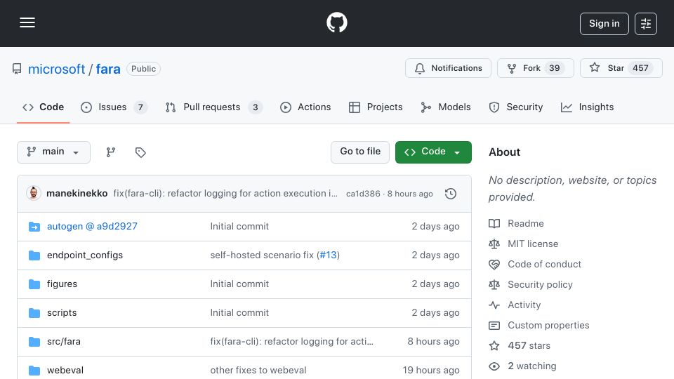 Screenshot of github.com: Fara-7B: An efficient agentic model for computer use