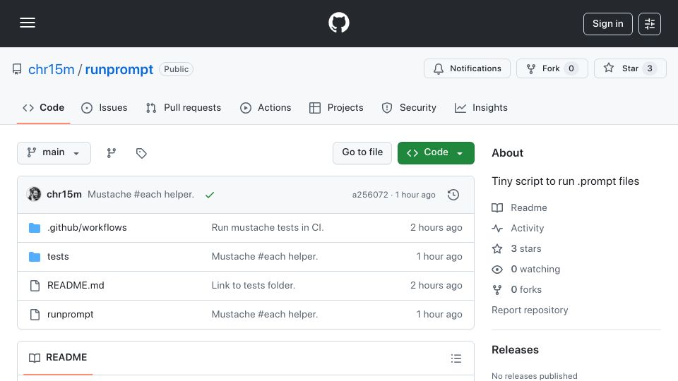Screenshot of github.com: Show HN: Runprompt – run .prompt files from the command line