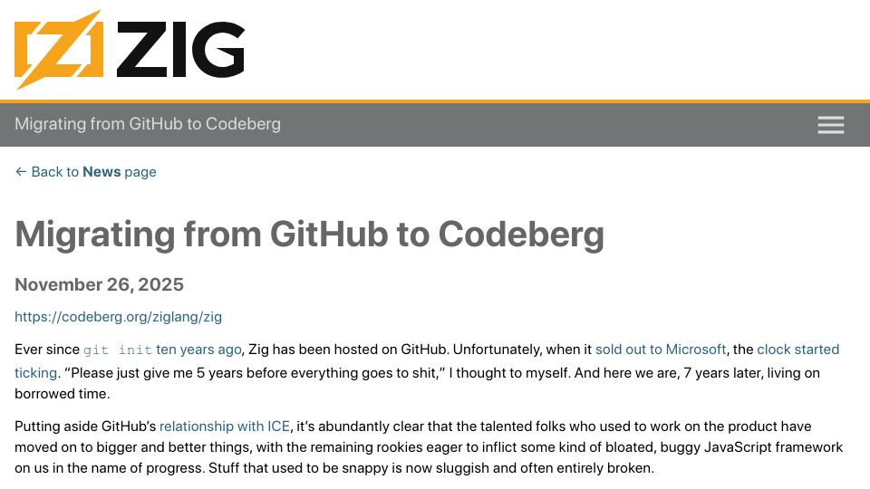 Screenshot of ziglang.org: Migrating the main Zig repository from GitHub to Codeberg