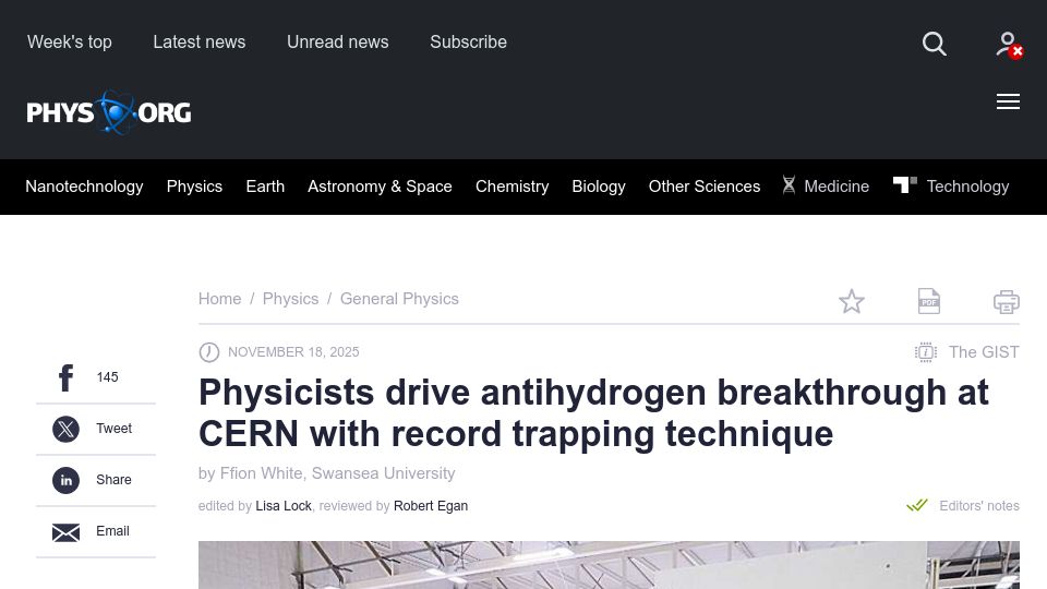Screenshot of phys.org: Physicists drive antihydrogen breakthrough at CERN