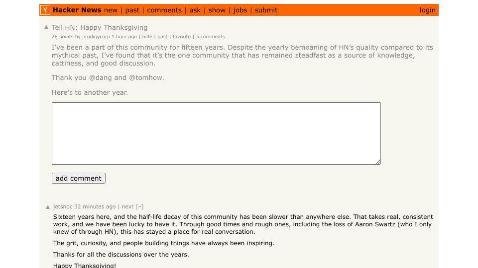 Screenshot of Hacker News post: Tell HN: Happy Thanksgiving