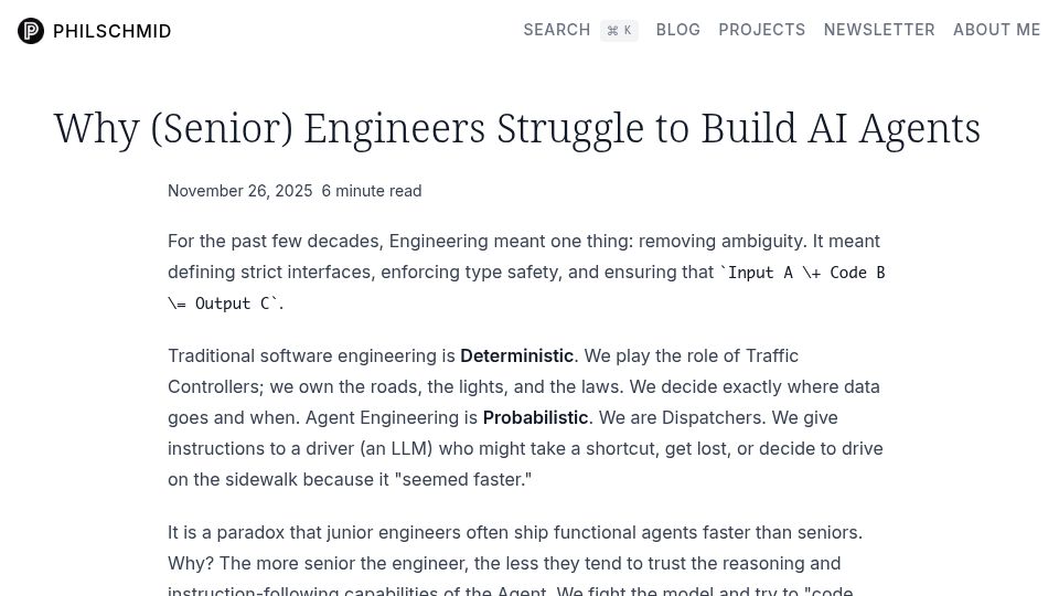 Screenshot of philschmid.de: Why (Senior) Engineers Struggle to Build AI Agents