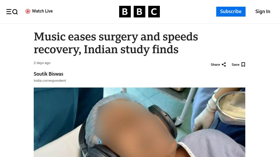 Screenshot of bbc.com: Music eases surgery and speeds recovery, study finds