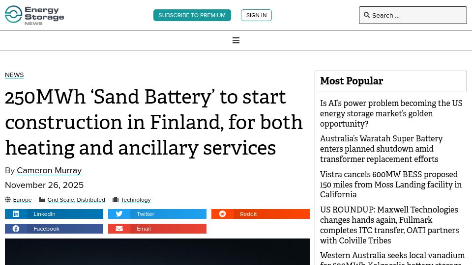 Screenshot of energy-storage.news: 250MWh 'Sand Battery' to start construction in Finland