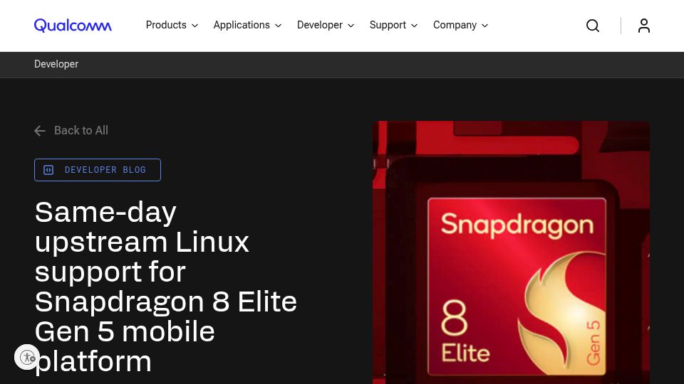 Screenshot of qualcomm.com: Same-day upstream Linux support for Snapdragon 8 Elite Gen 5