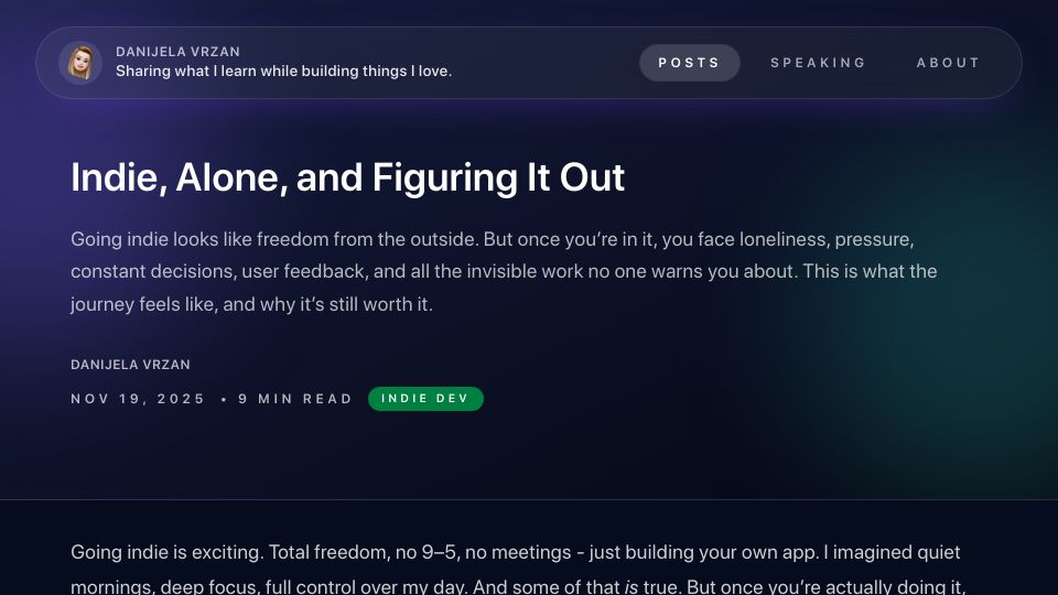 Screenshot of danijelavrzan.com: Indie, alone, and figuring it out