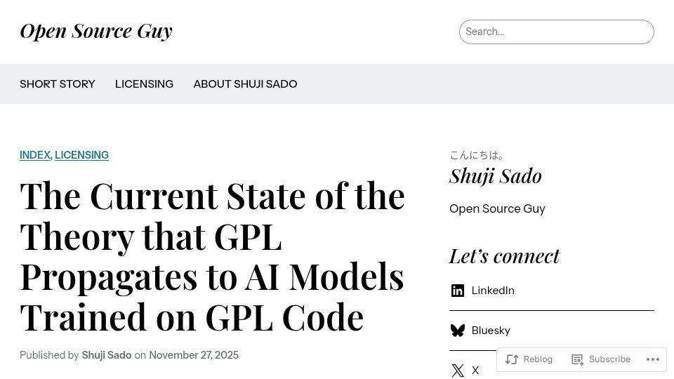 Screenshot of shujisado.org: The current state of the theory that GPL propagates to AI models