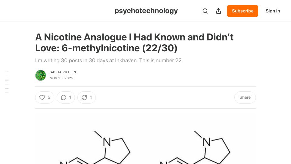 Screenshot of psychotechnology.substack.com: A Nicotine Analogue I Had Known and Didn't Love: 6-Methylnicotine