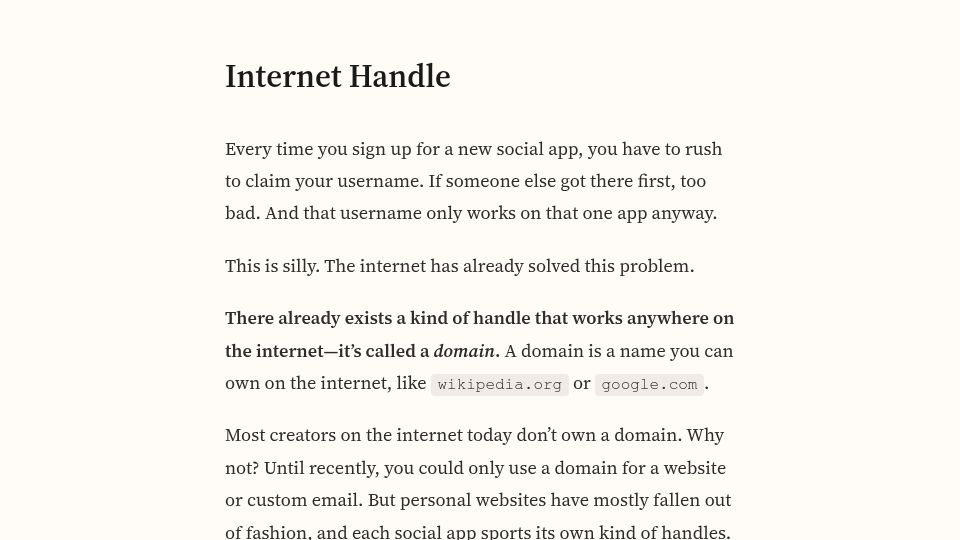 Screenshot of internethandle.org: Internet Handle