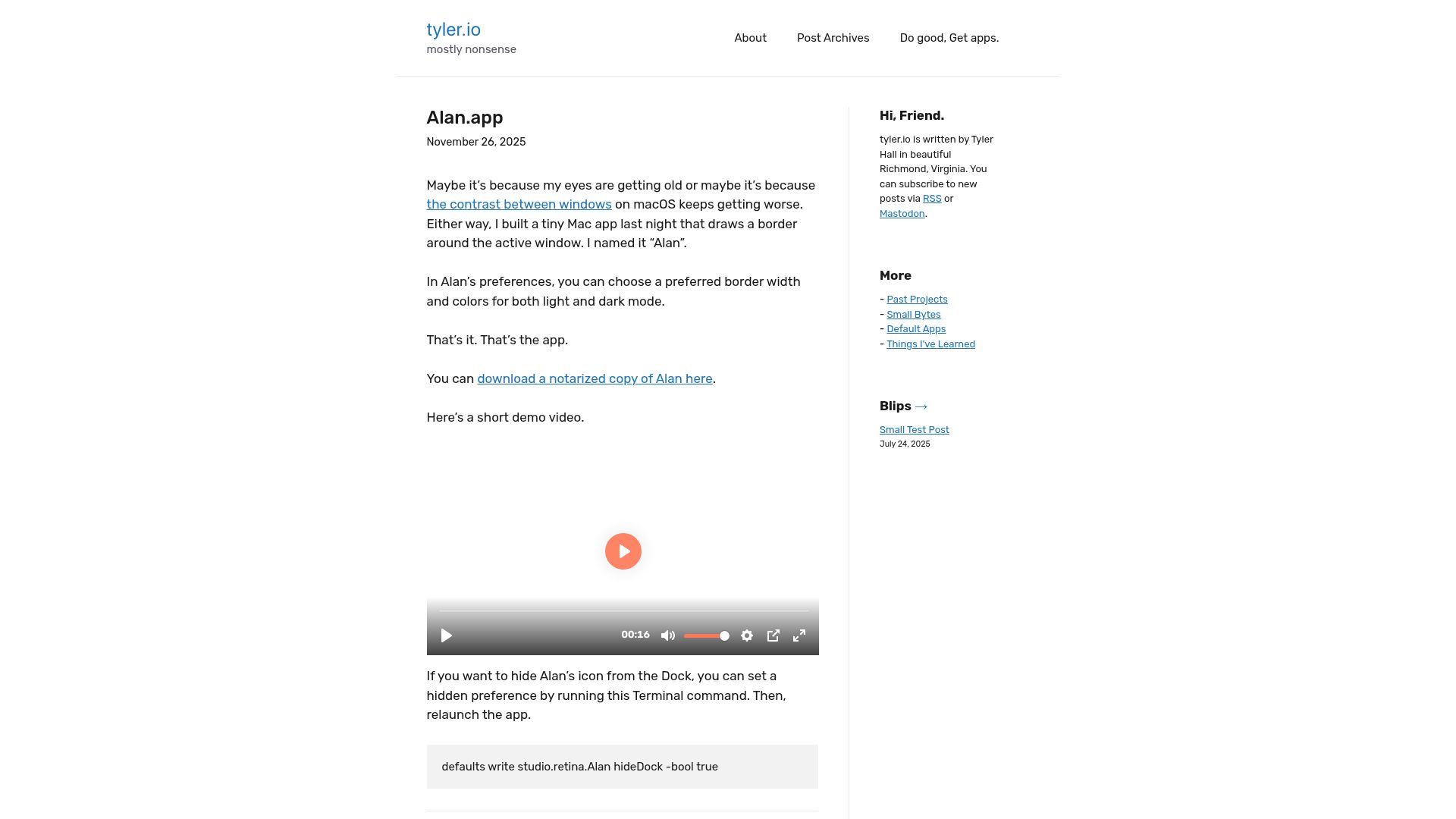 Screenshot of tyler.io: Alan.app – Add a Border to macOS Active Window