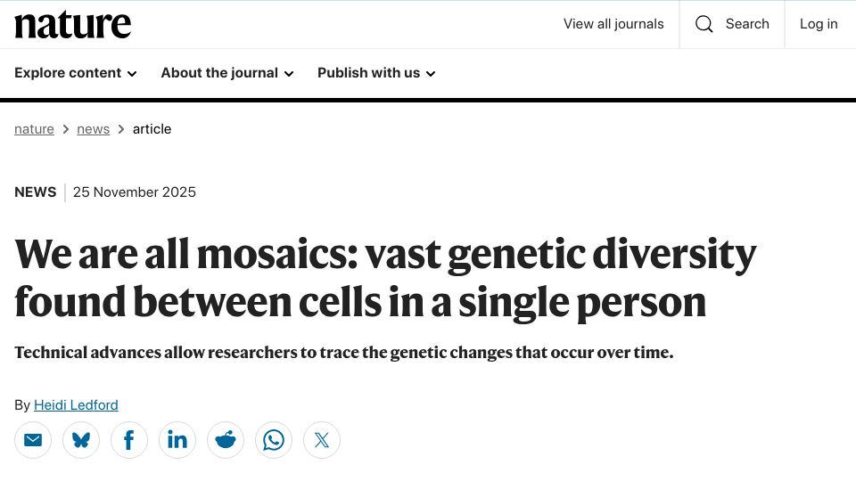 Screenshot of nature.com: We are all mosaics: genetic diversity found between cells in a single person
