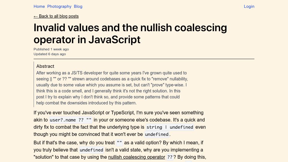 Screenshot of fredrikmalmo.com: Abuse of the nullish coalescing operator in JS/TS
