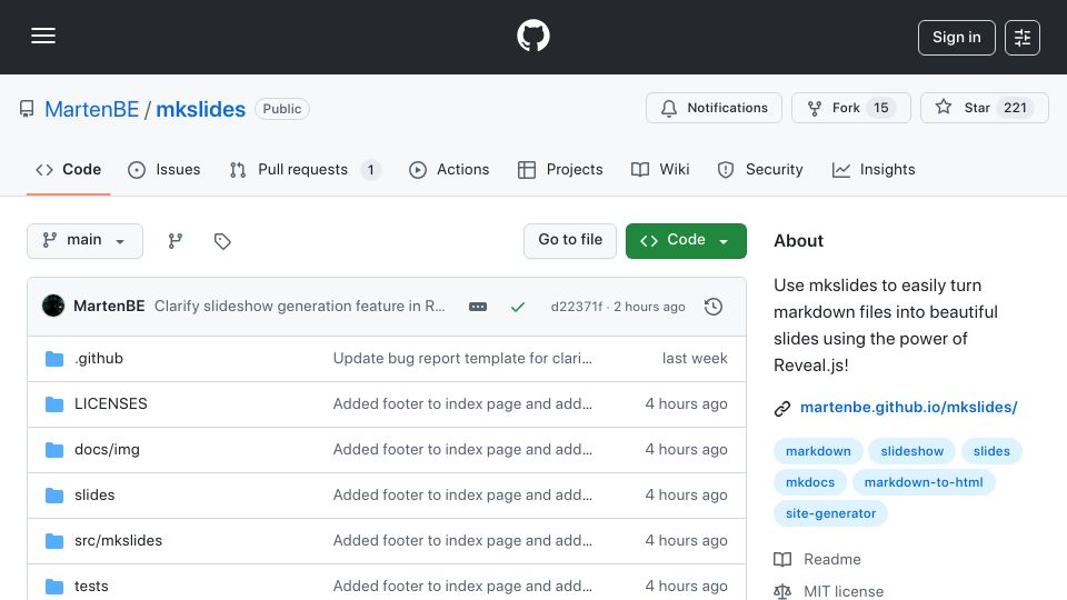 Screenshot of github.com: Show HN: MkSlides – Markdown to slides with a similar workflow to MkDocs
