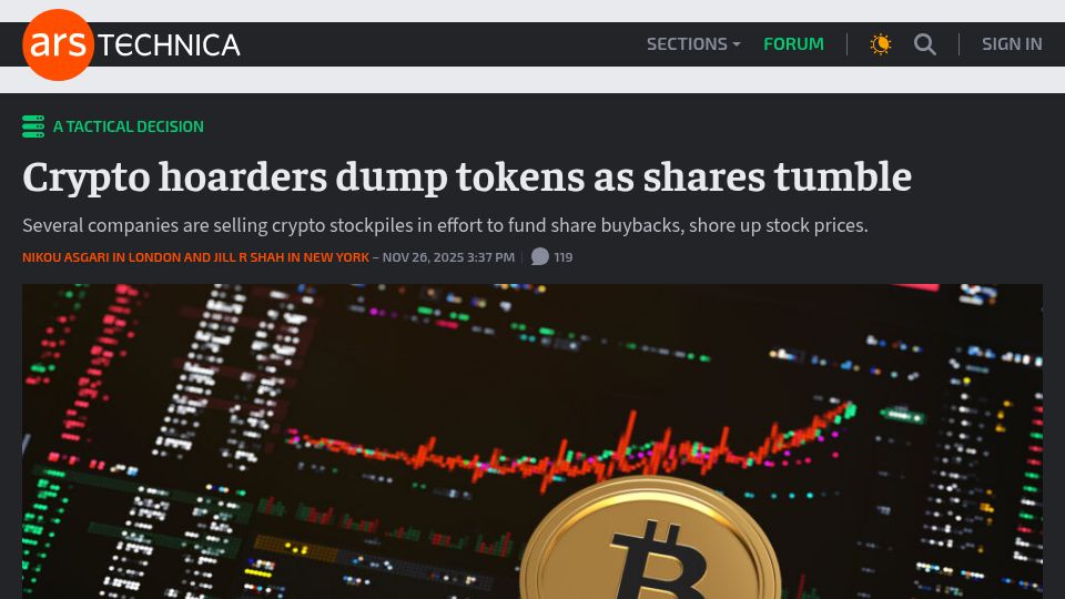 Screenshot of arstechnica.com: Crypto hoarders dump tokens as shares tumble