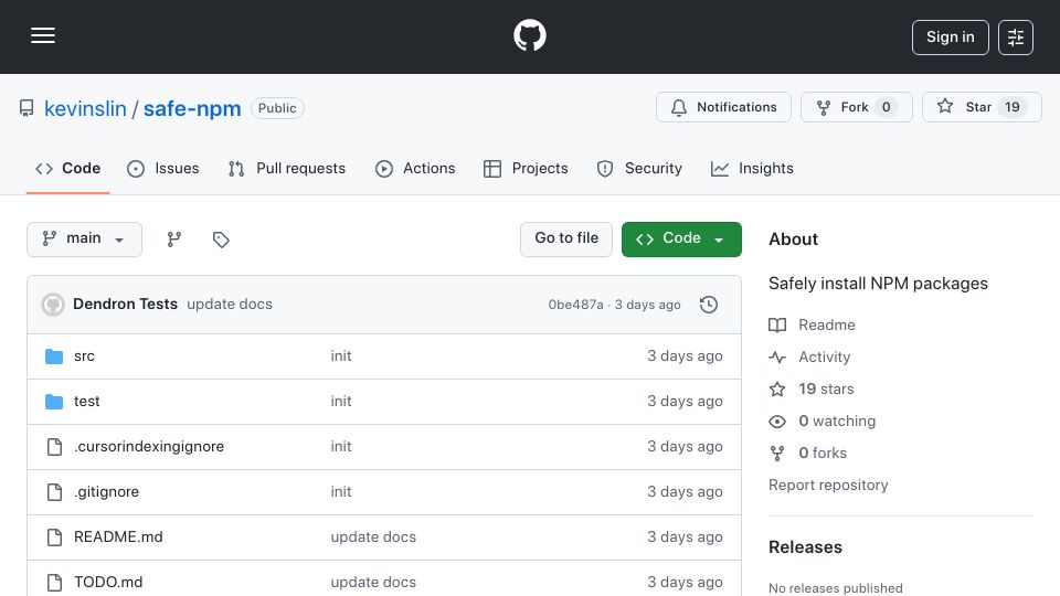 Screenshot of github.com: Show HN: Safe-NPM – only install packages that are +90 days old