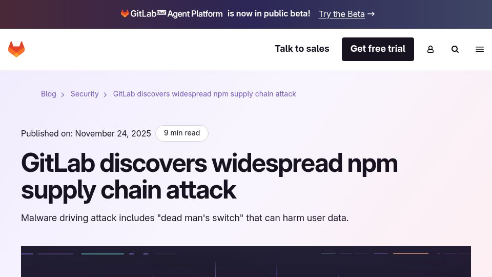 Screenshot of about.gitlab.com: GitLab discovers widespread NPM supply chain attack