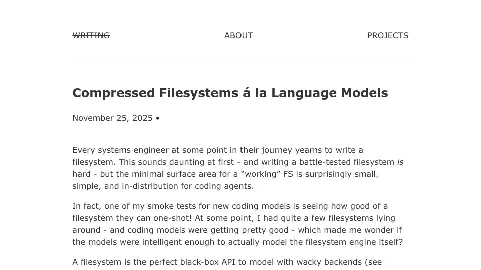 Screenshot of grohan.co: Compressed filesystems à la language models