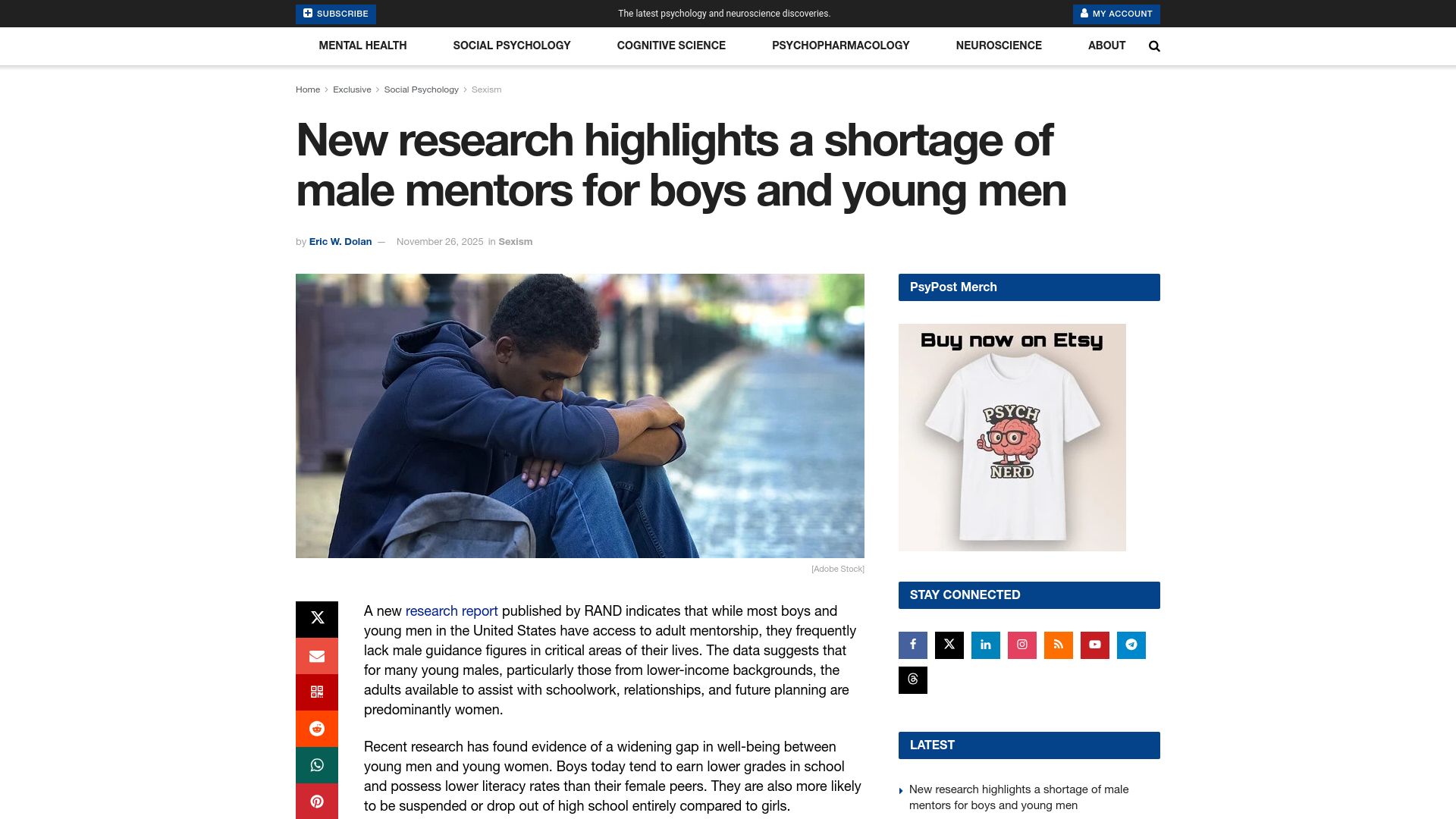 Screenshot of psypost.org: New research highlights a shortage of male mentors for boys and young men
