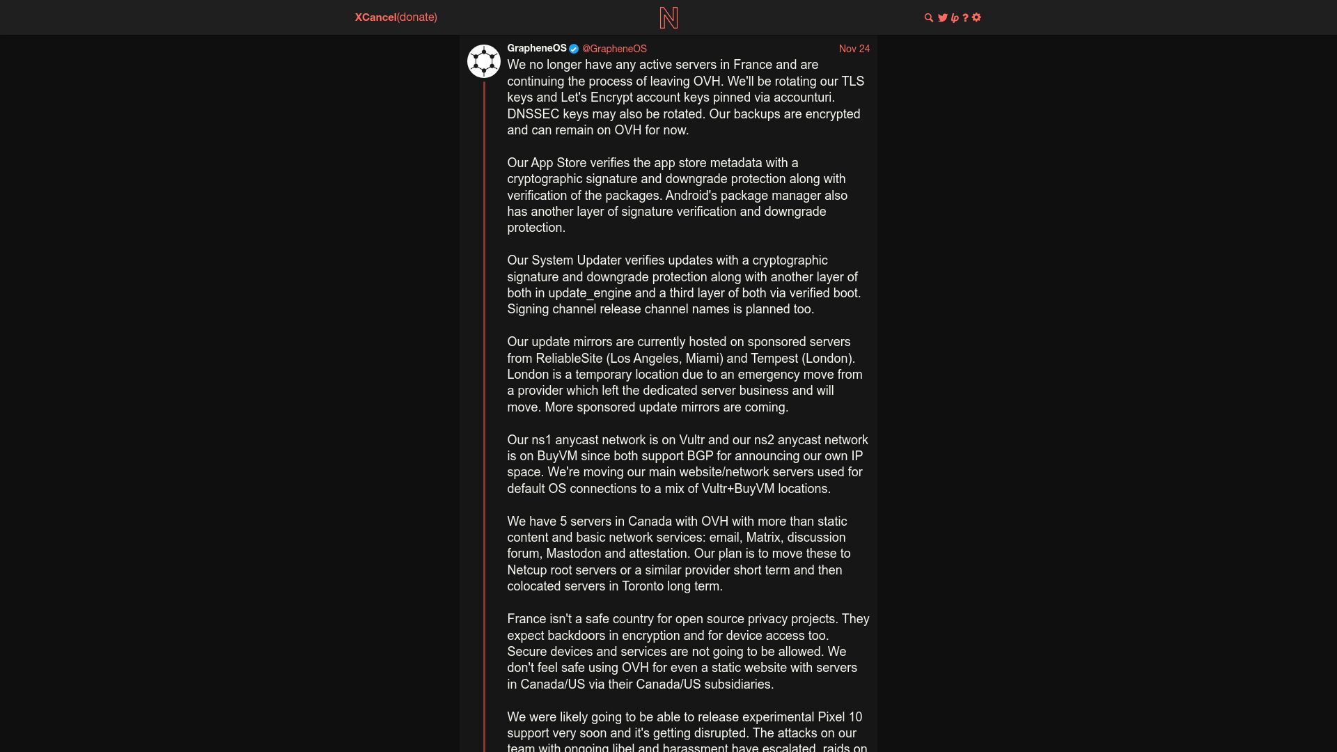 Screenshot of xcancel.com: GrapheneOS Moving Out of France