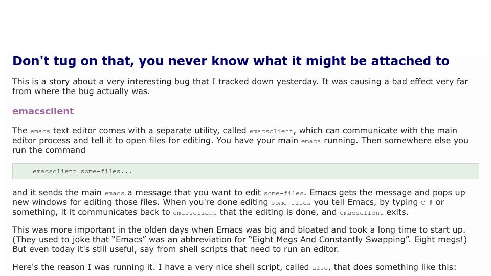 Screenshot of blog.plover.com: Don't tug on that, you never know what it might be attached to (2016)