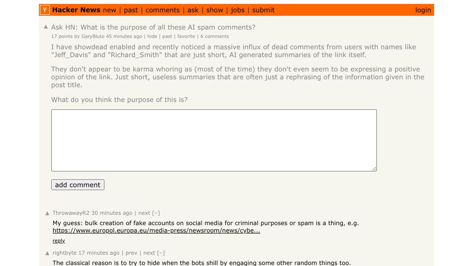 Screenshot of Hacker News post: Ask HN: What is the purpose of all these AI spam comments?