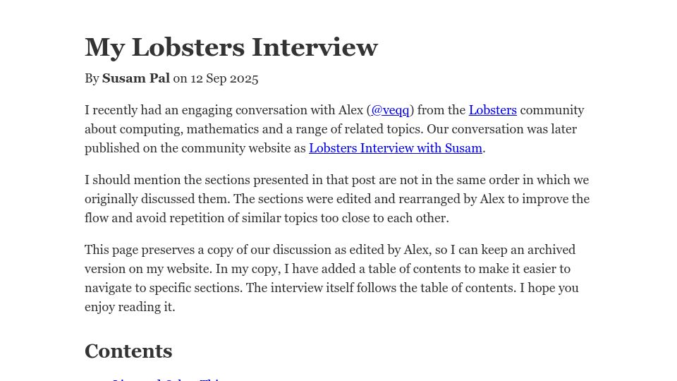 Screenshot of susam.net: Lobsters Interview