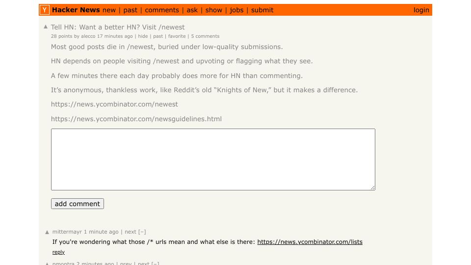 Screenshot of Hacker News post: Tell HN: Want a better HN? Visit /newest