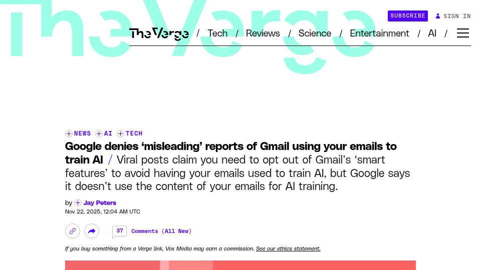 Screenshot of theverge.com: Google denies 'misleading' reports of Gmail using your emails to train AI