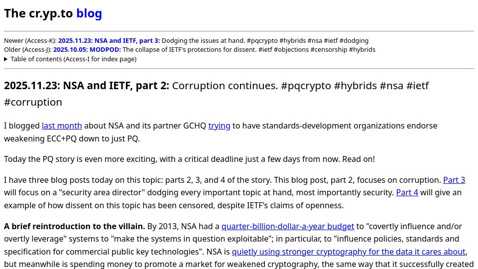 Screenshot of blog.cr.yp.to: NSA and IETF, Part 2