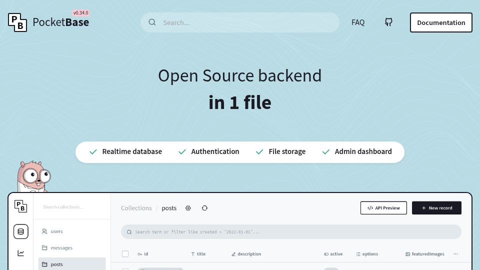 Screenshot of pocketbase.io: Pocketbase – open-source realtime back end in 1 file