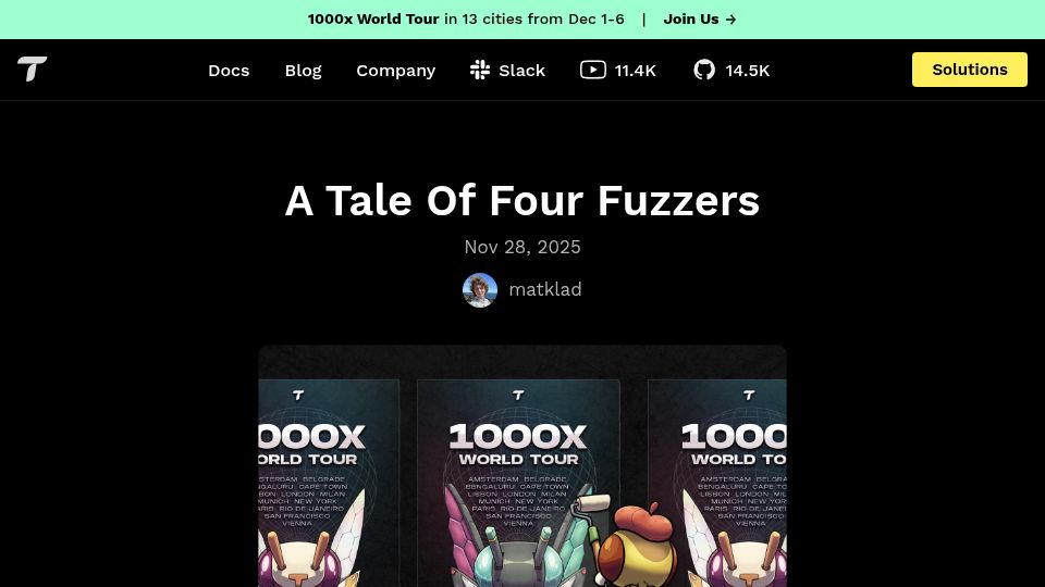 Screenshot of tigerbeetle.com: A Tale of Four Fuzzers