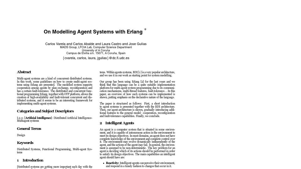 Screenshot of erlang.org: Modelling Agent Systems with Erlang (2004) [pdf]