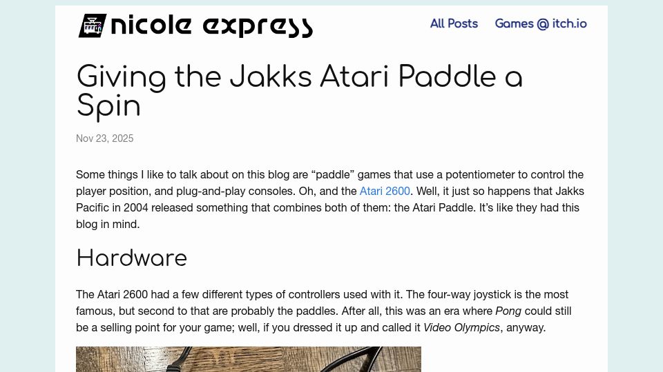Screenshot of nicole.express: Giving the Jakks Atari Paddle a Spin