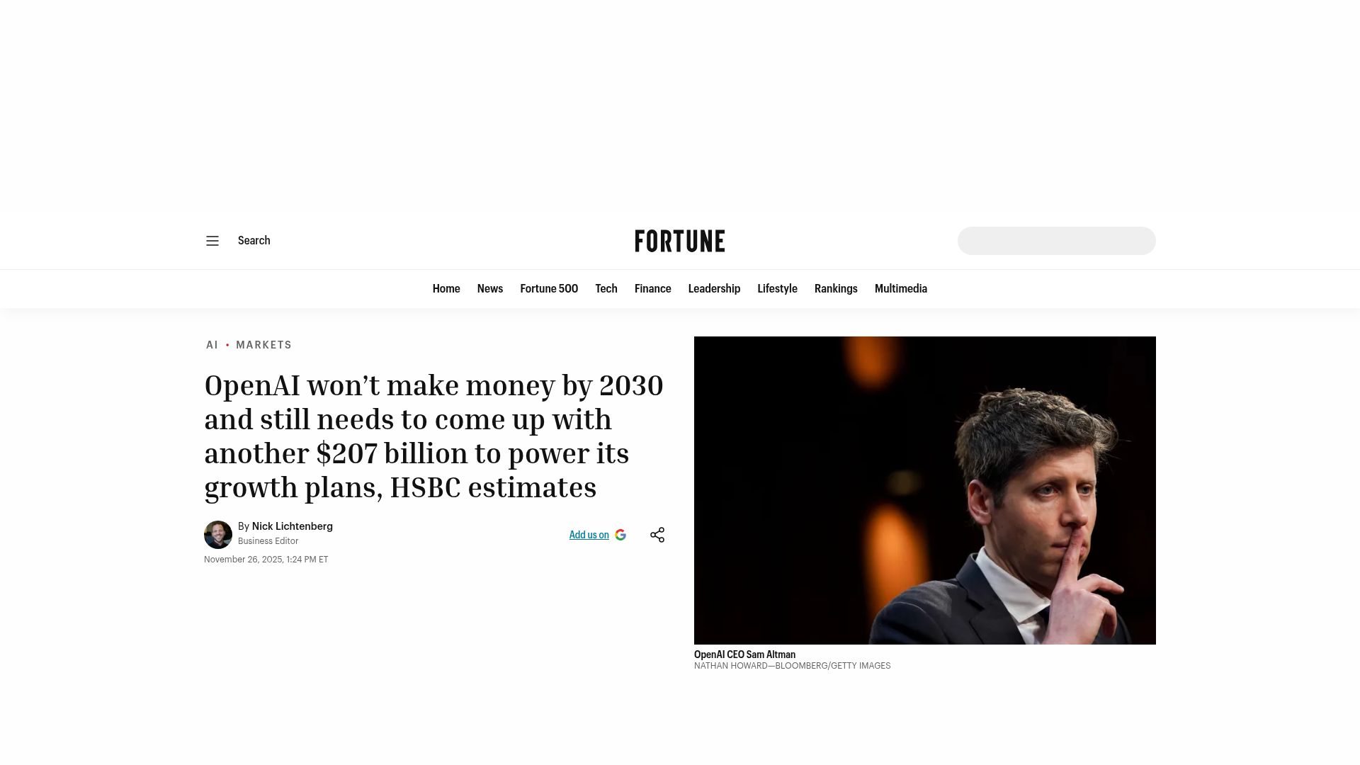 Screenshot of fortune.com: OpenAI won't make money by 2030 and needs another $207B, HSBC estimates