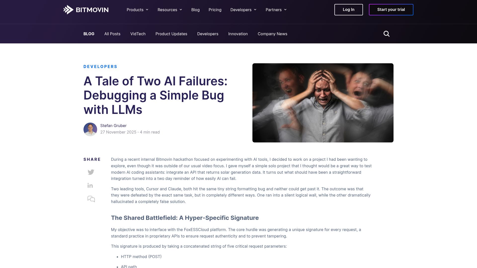 Screenshot of bitmovin.com: A Tale of Two AI Failures: Debugging a Simple Bug with LLMs