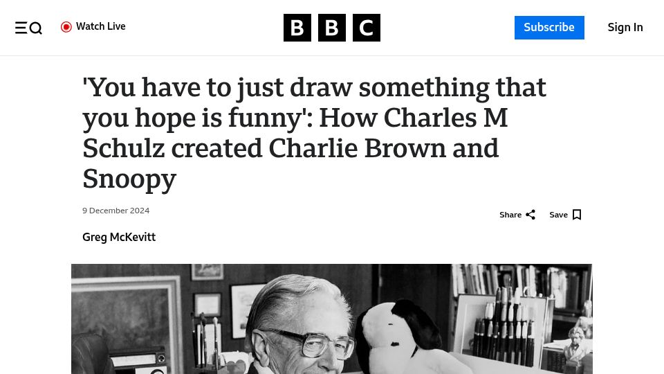 Screenshot of bbc.com: How Charles M Schulz created Charlie Brown and Snoopy (2024)
