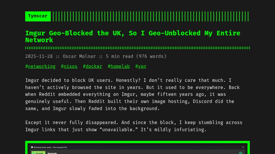 Screenshot of blog.tymscar.com: Imgur geo-blocked the UK, so I geo-unblocked my network