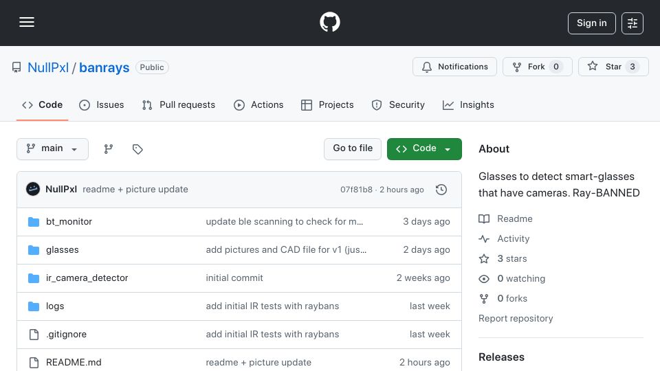 Screenshot of github.com: Show HN: Glasses to detect smart-glasses that have cameras