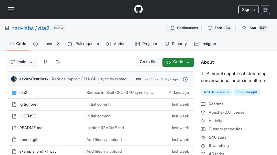 Screenshot of github.com: Open (Apache 2.0) TTS model for streaming conversational audio in realtime