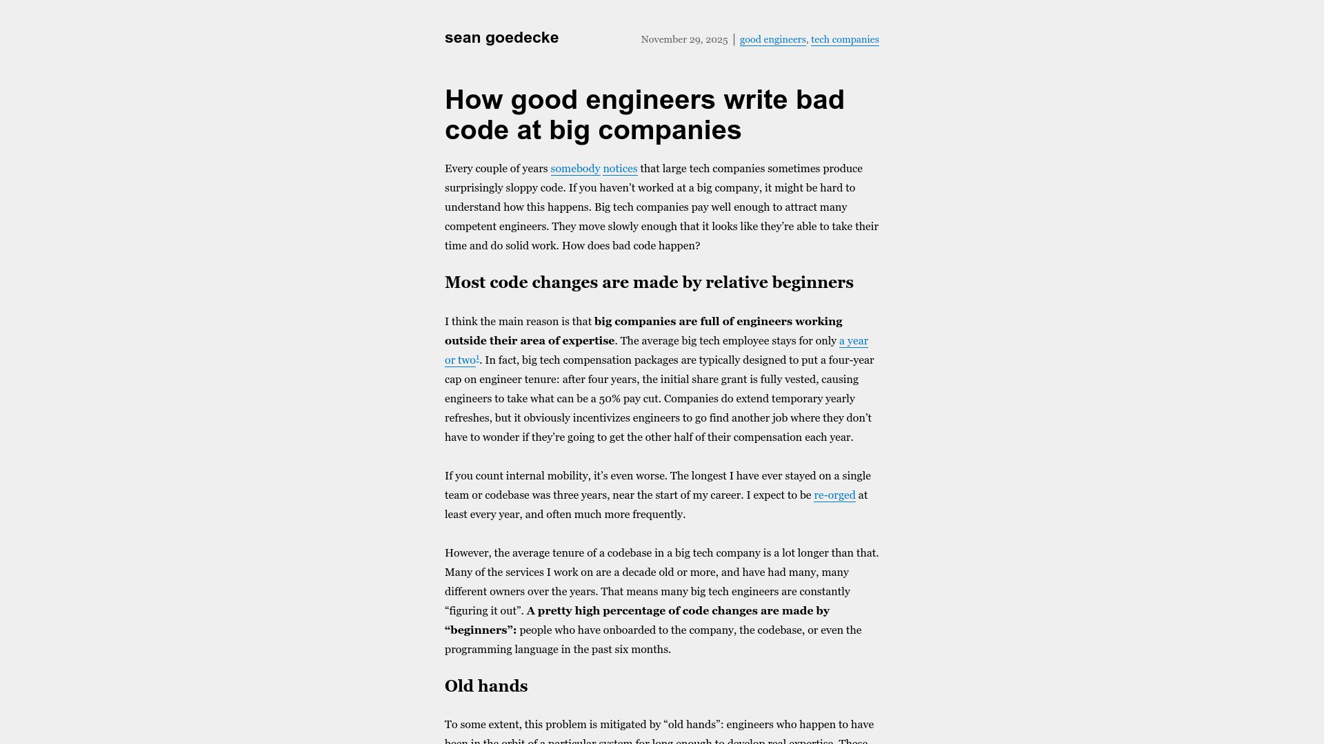 Screenshot of seangoedecke.com: How good engineers write bad code at big companies