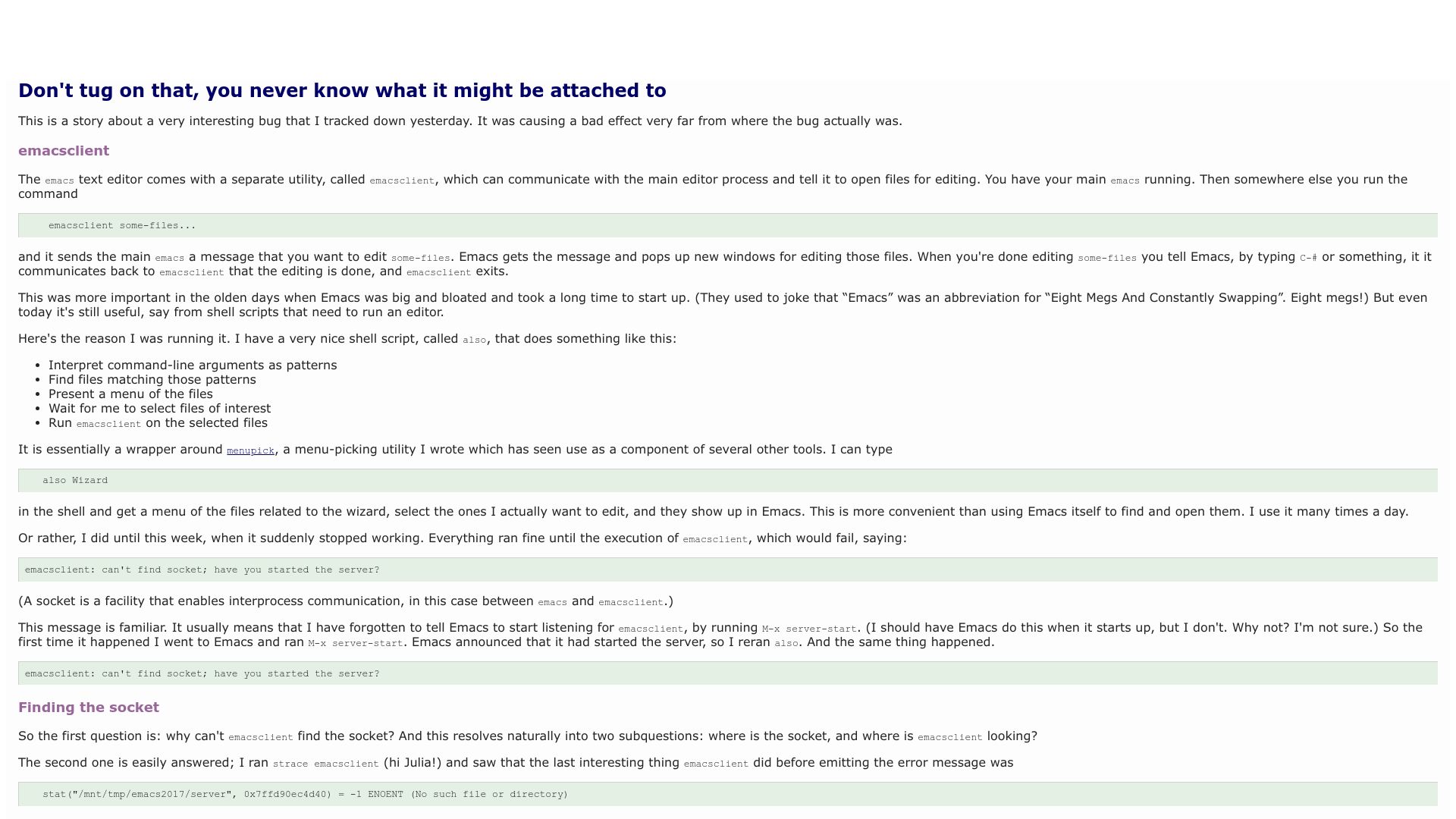 Screenshot of blog.plover.com: Don't tug on that, you never know what it might be attached to (2016)